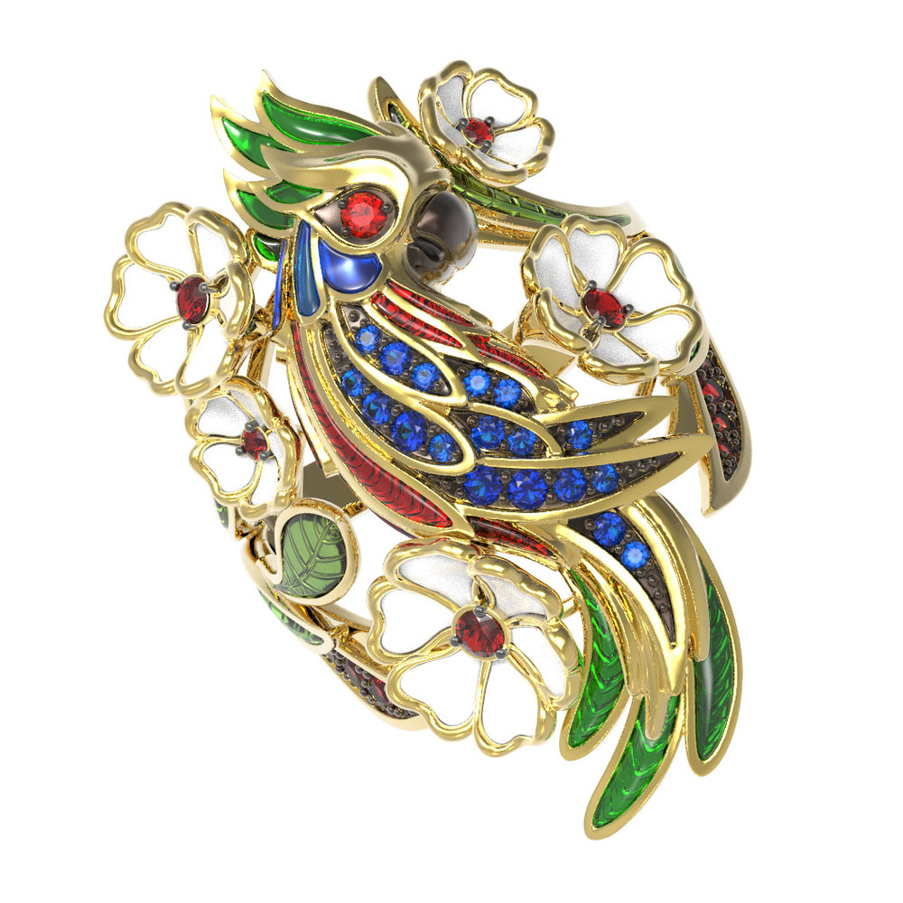 Кольцо из лимонного золота c эмалью, гранатом, рубином и сапфиром