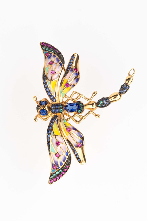 Кольцо из золота c фианитом, рубином, сапфиром и эмалью