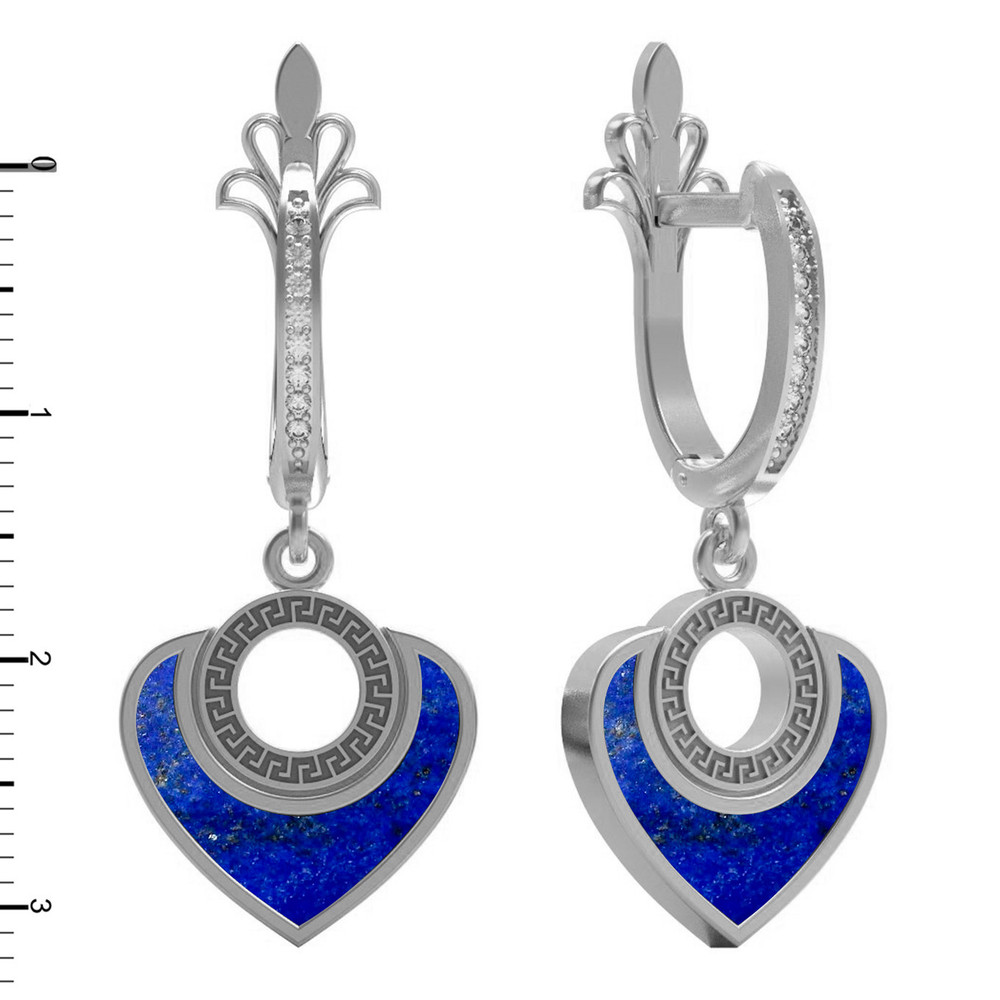 Серьги из белого золота c фианитом и лазуритом