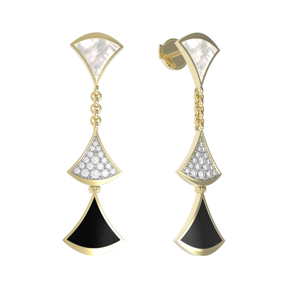 Серьги из лимонного золота c бриллиантами, ониксом и перламутром