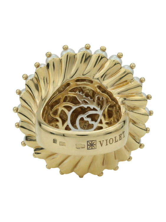 Кольцо из лимонного золота c эмалью и жемчугом