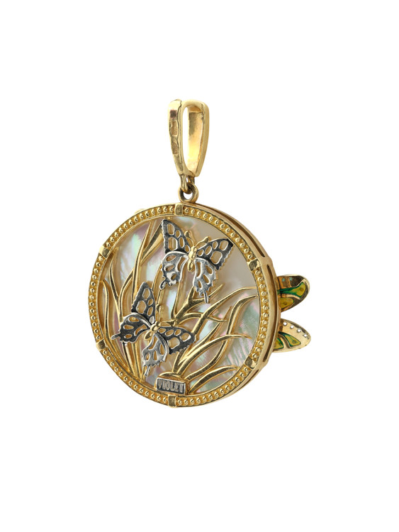 Подвеска из лимонного золота c сапфиром, изумрудом, эмалью и перламутром