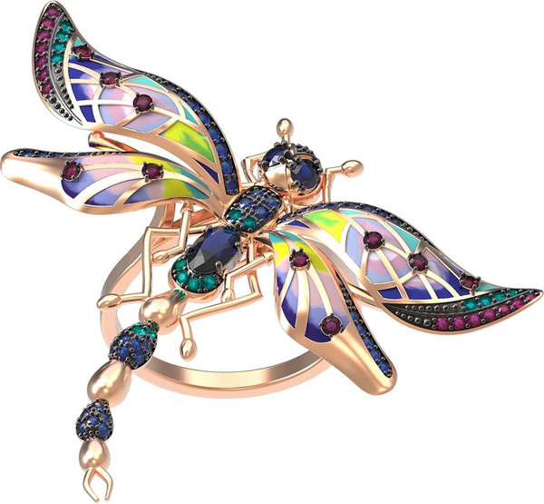 Кольцо из золота c фианитом, рубином, сапфиром и эмалью