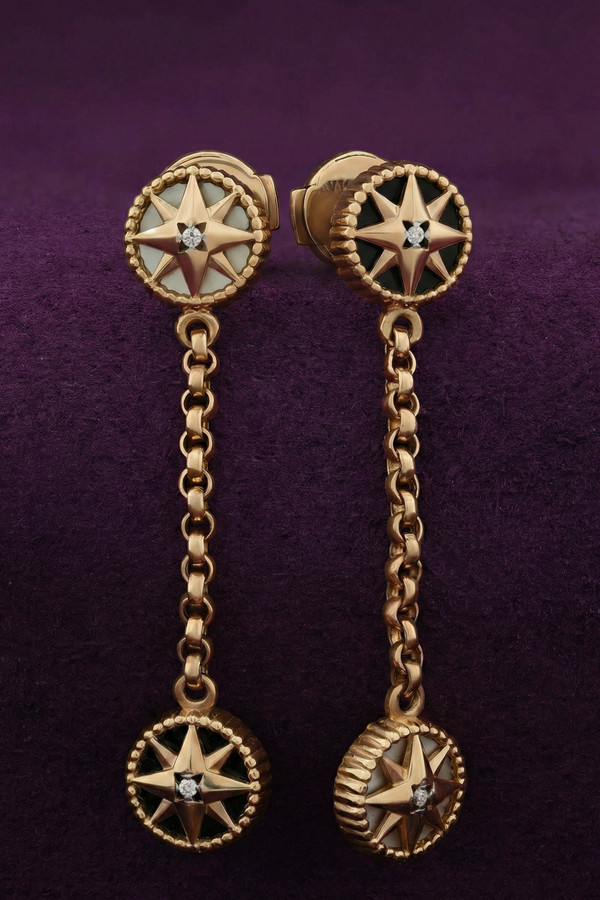 Серьги из золота c бриллиантами, ониксом и перламутром