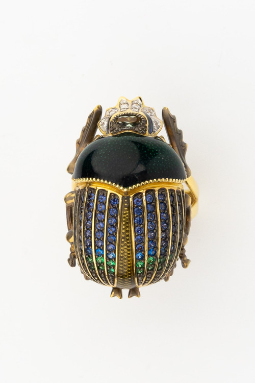 Кольцо из лимонного золота c эмалью, фианитом и турмалином