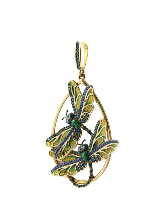 Подвеска из лимонного золота c сапфиром, изумрудом и эмалью