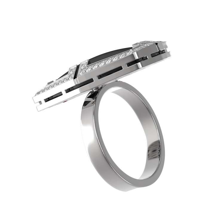 Кольцо из белого золота c бриллиантами, рубином и ониксом