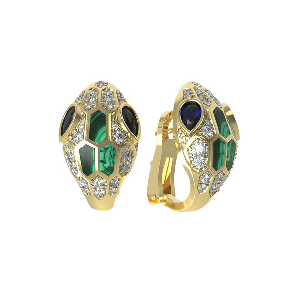 Серьги из лимонного золота c бриллиантами, сапфиром и малахитом