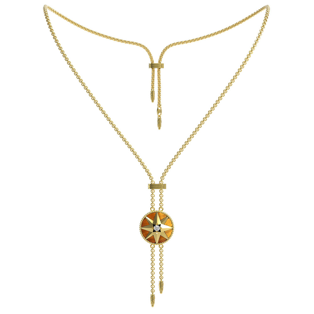 Колье из лимонного золота c фианитом, тигровым глазом и перламутром