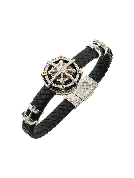 Браслет из белого золота c эмалью, бриллиантами, кожаным шнурком и ониксом