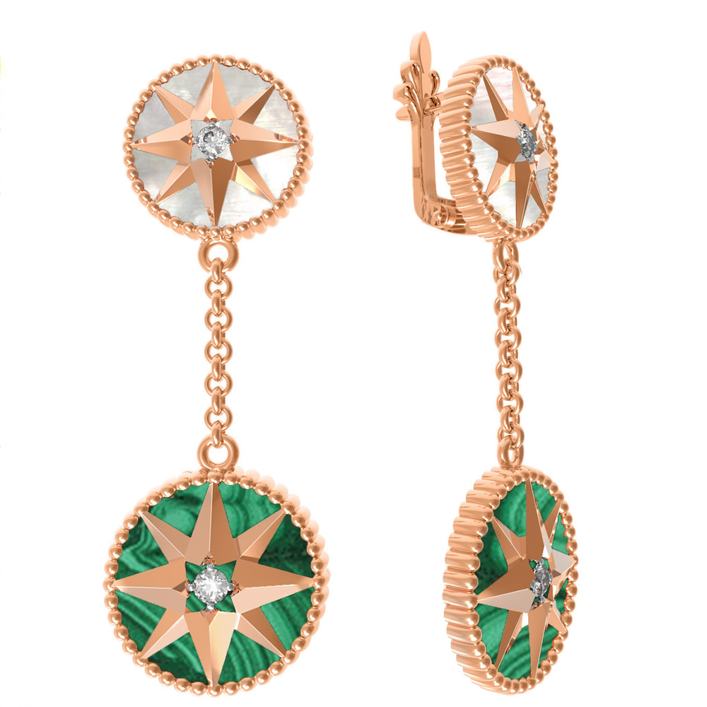 Серьги из золота c фианитом, малахитом и перламутром