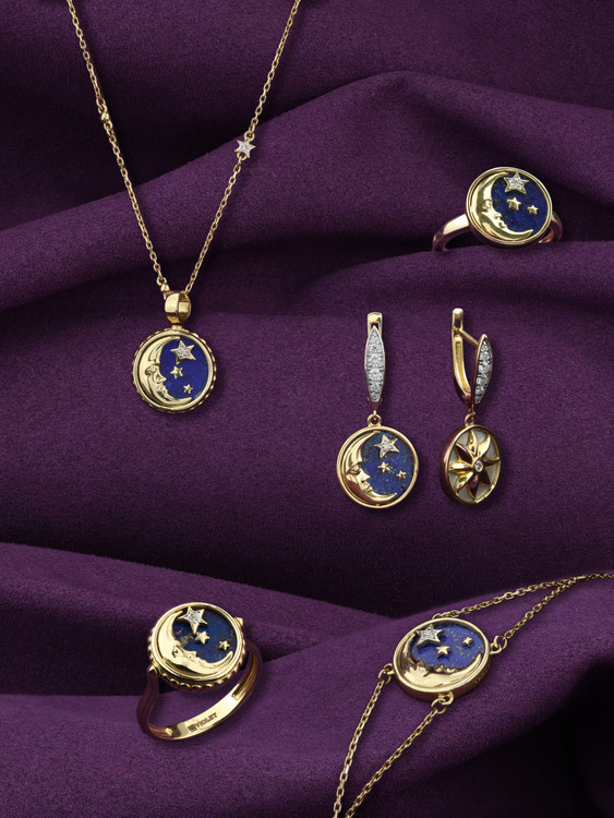 Серьги из лимонного золота c бриллиантами, лазуритом и перламутром