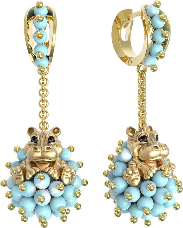 Серьги из лимонного золота c эмалью и бирюзой