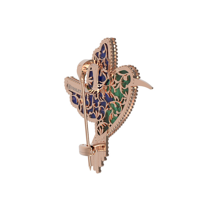 Брошь из золота c эмалью, лазуритом и малахитом