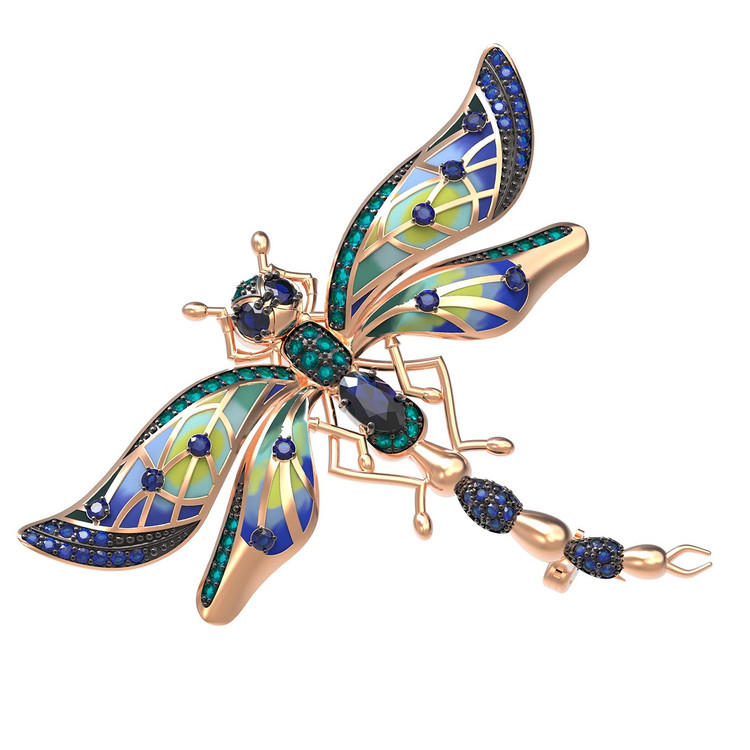 Брошь из золота c фианитом, сапфиром и эмалью