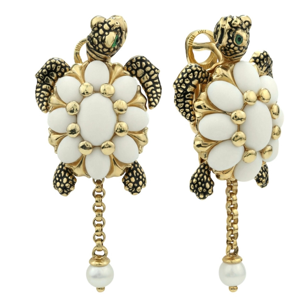 Серьги из лимонного золота c эмалью, жемчугом и бивнем мамонта