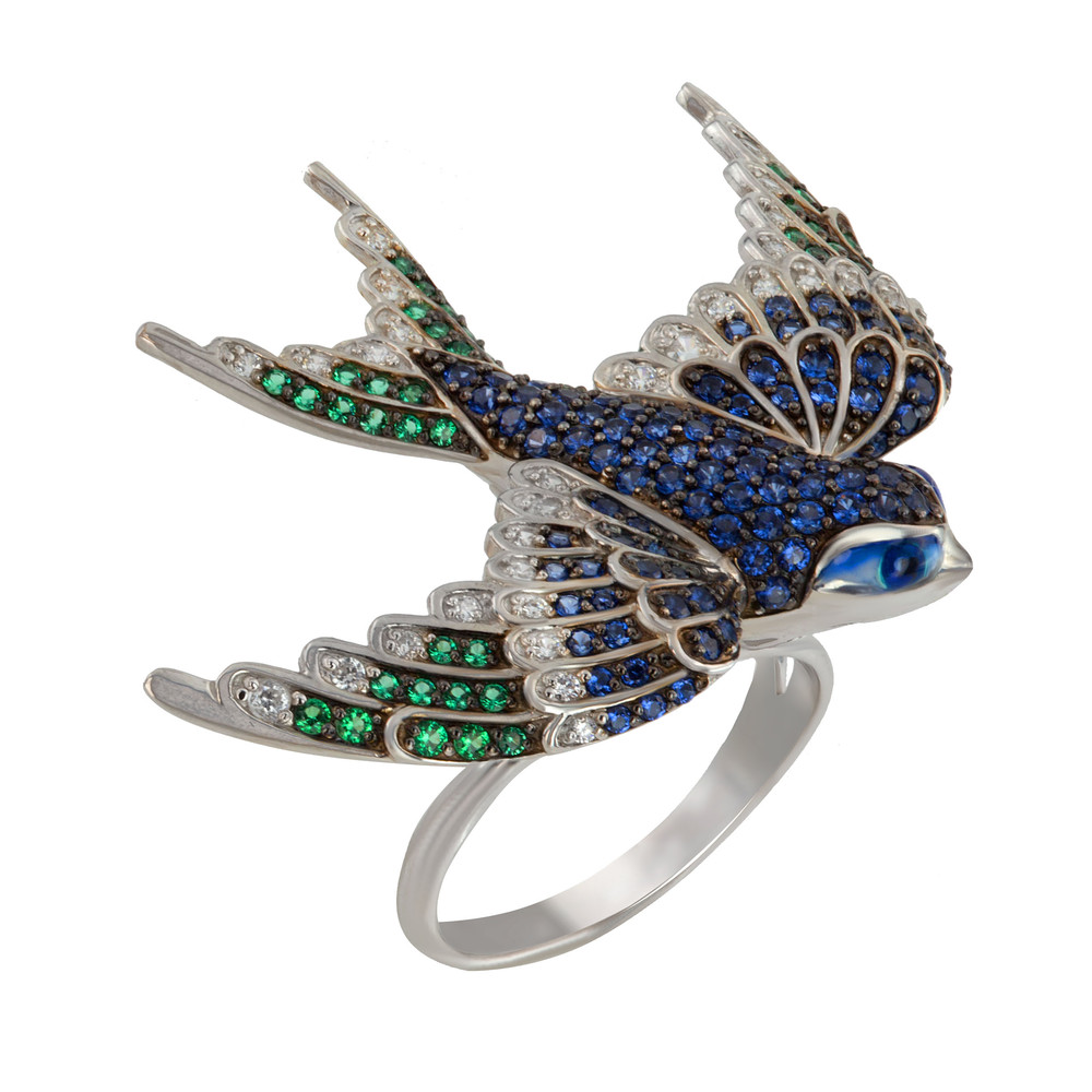 Кольцо из белого золота c эмалью и фианитом