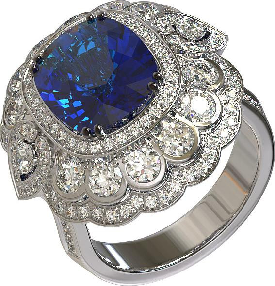 Кольцо из белого золота c бриллиантами и сапфиром