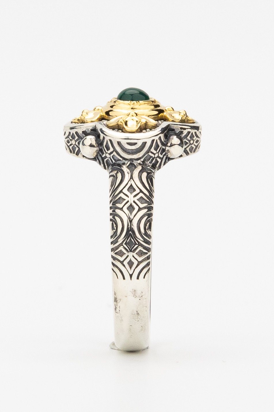 Кольцо из серебра и золота c хризопразом и рубином