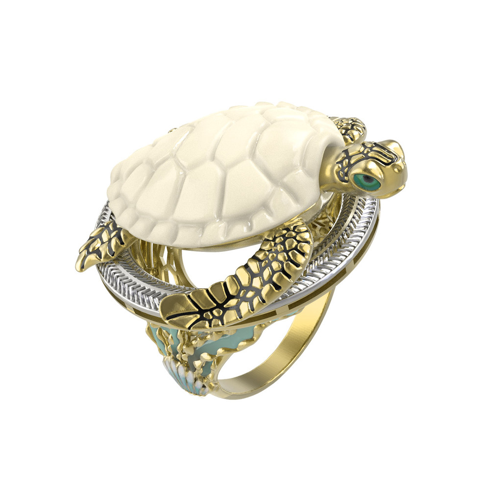 Кольцо из лимонного золота c эмалью и бивнем мамонта