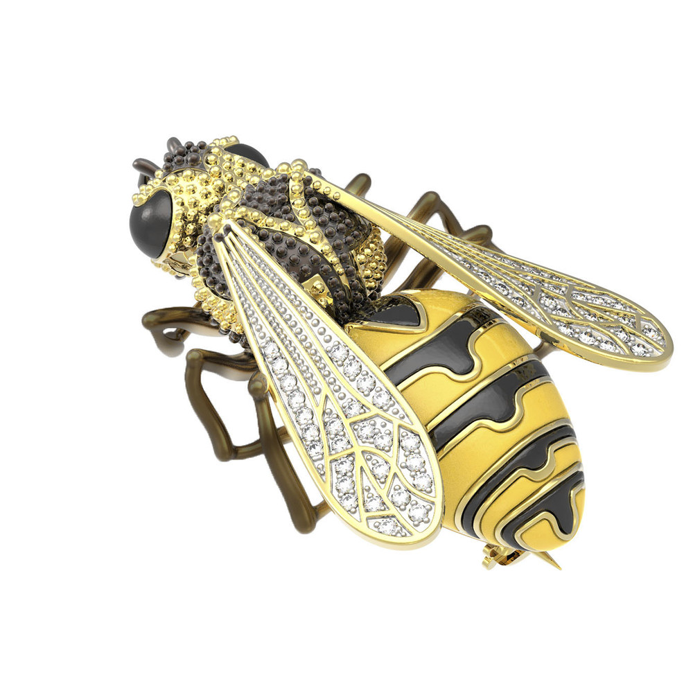 Брошь из лимонного золота c эмалью и фианитом