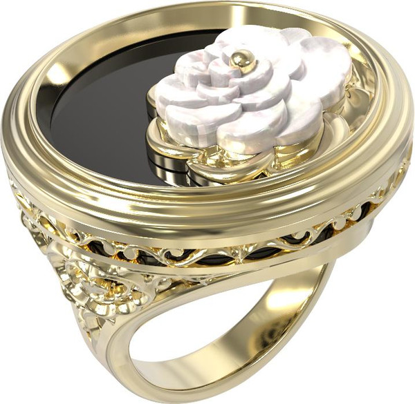 Кольцо из лимонного золота c ониксом и перламутром