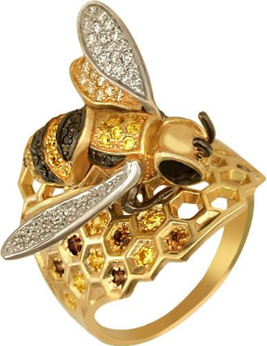 Кольцо из лимонного золота c эмалью и фианитом