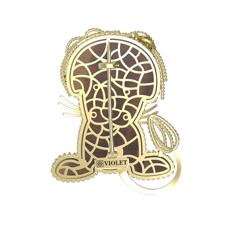 Брошь из лимонного золота c эмалью и тигровым глазом