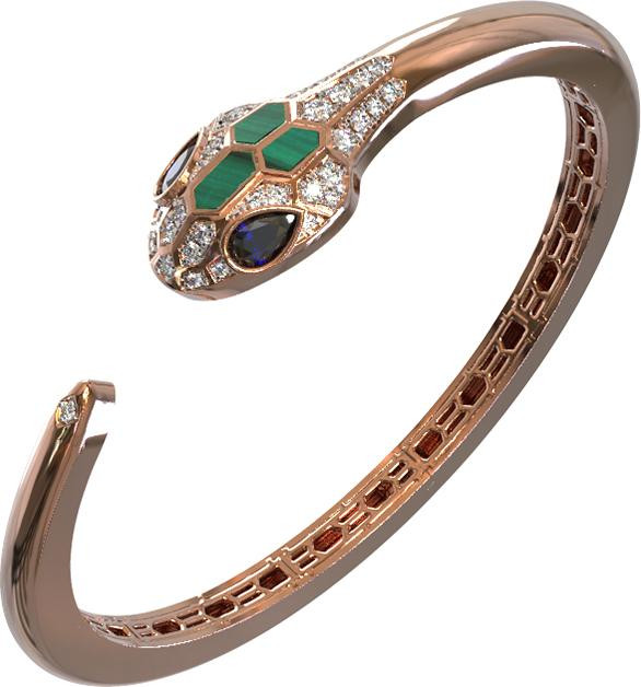 Браслет из золота c бриллиантами, сапфиром и малахитом