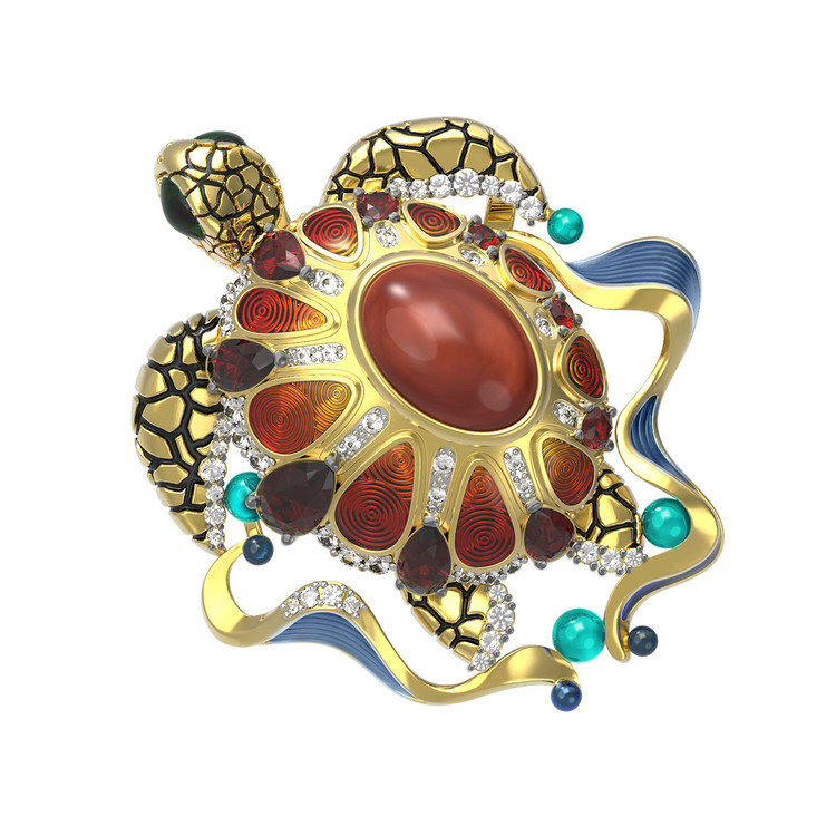 Подвеска из лимонного золота c эмалью, фианитом, гранатом и янтарём