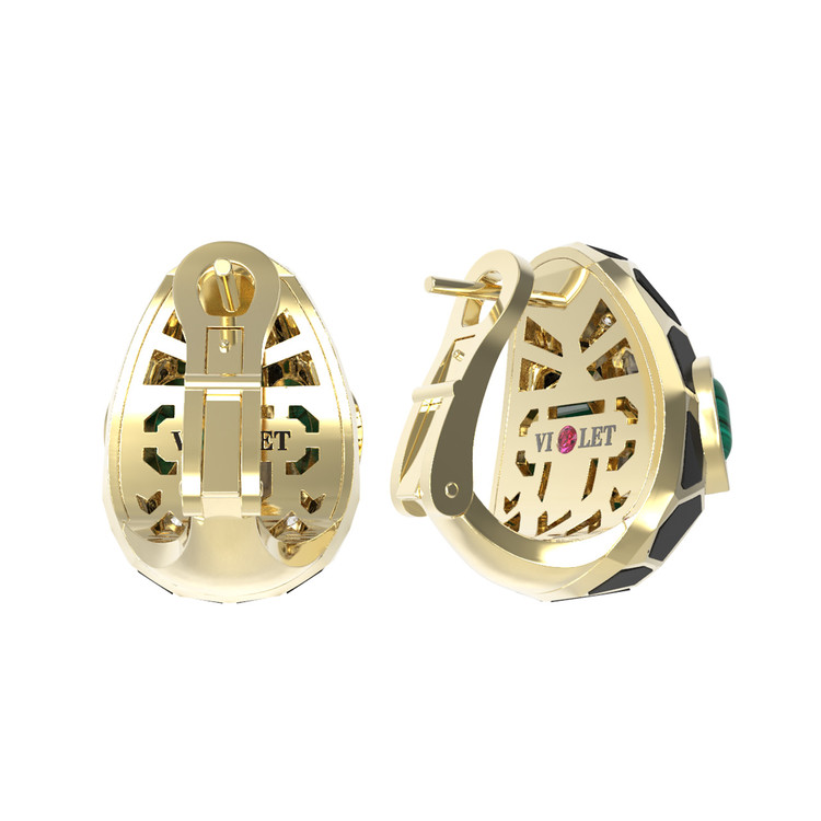 Серьги из лимонного золота c бриллиантами, рубином, ониксом, малахитом и перламутром