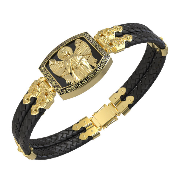 Браслет из лимонного золота c эмалью, шнурком и ониксом