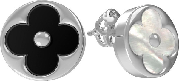 Серьги из белого золота c ониксом и перламутром