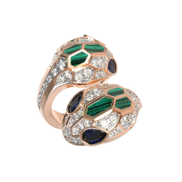 Кольцо из золота c бриллиантами, сапфиром и малахитом