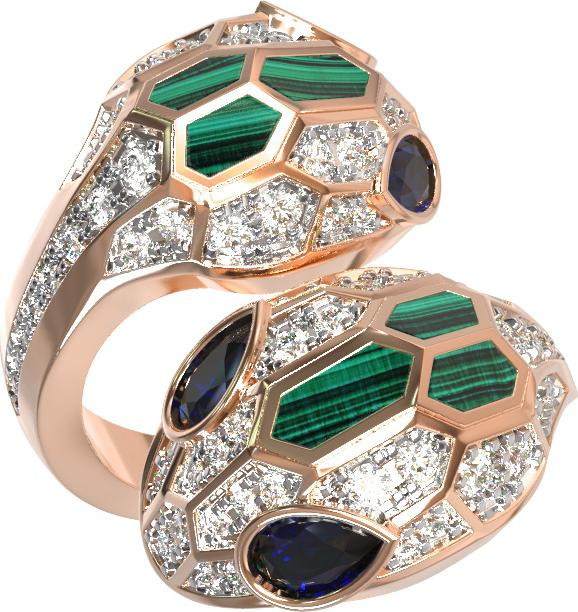 Кольцо из золота c бриллиантами, сапфиром и малахитом