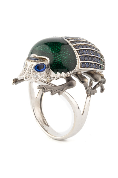 Кольцо из белого золота c эмалью, фианитом и сапфиром