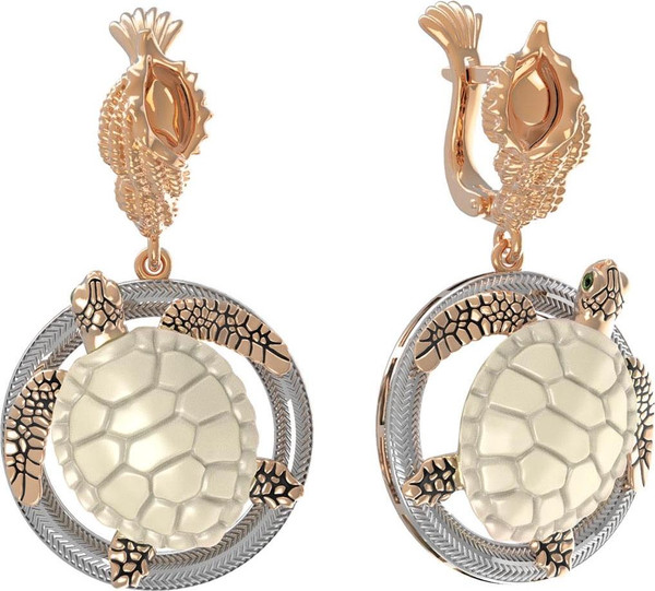 Серьги из золота c эмалью и бивнем мамонта