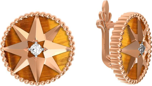 Серьги из золота c фианитом и тигровым глазом