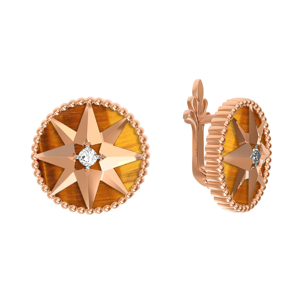 Серьги из золота c фианитом и тигровым глазом