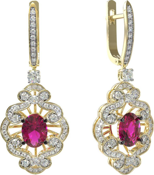 Серьги из лимонного золота c бриллиантами и рубином