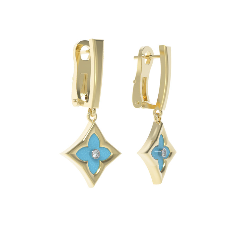 Серьги из лимонного золота c бриллиантами и бирюзой