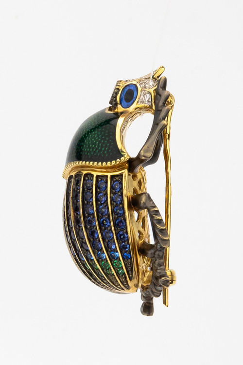 Брошь из лимонного золота c эмалью, фианитом и турмалином