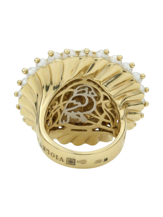 Кольцо из лимонного золота c эмалью и жемчугом