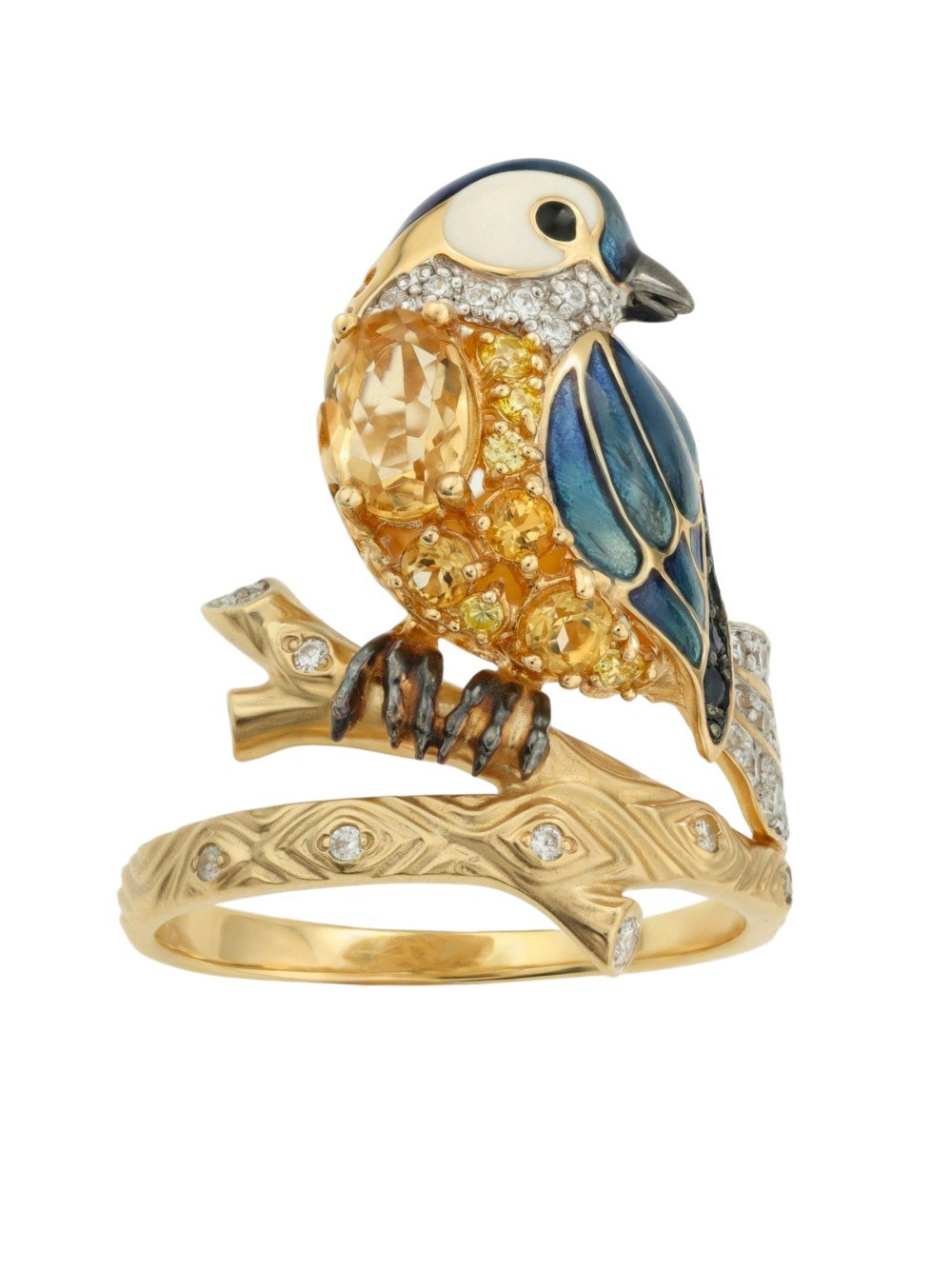 Кольцо из лимонного золота c эмалью, фианитом, цитрином и сапфиром