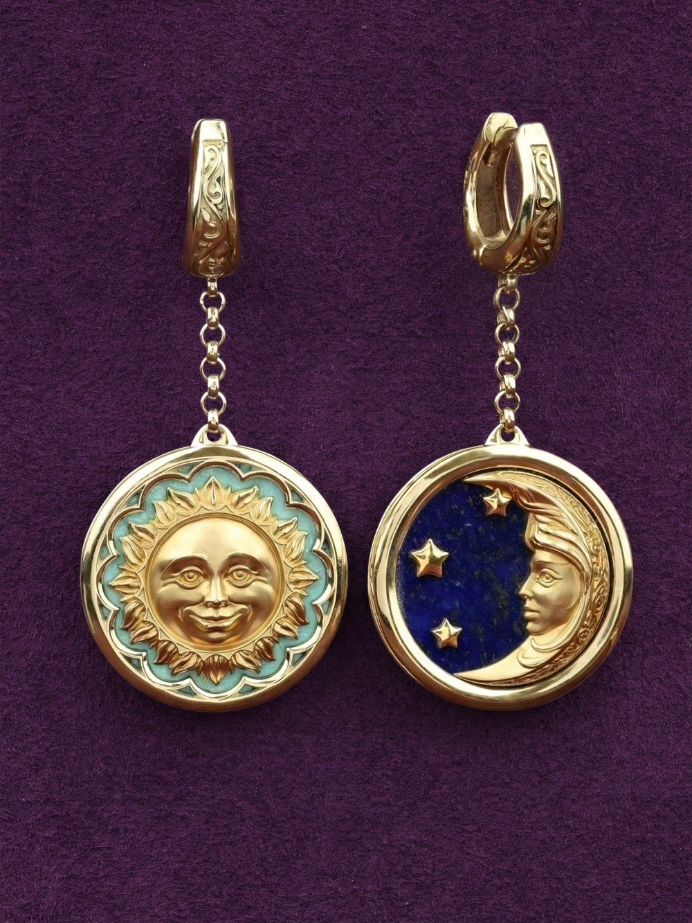 Серьги из лимонного золота c бирюзой и лазуритом