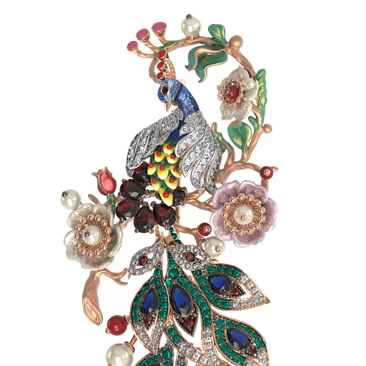 Брошь из золота c эмалью, фианитом, гранатом, жемчугом, сапфиром, кораллом и перламутром