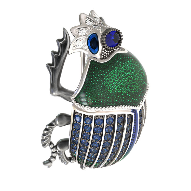 Брошь из белого золота c эмалью, фианитом и сапфиром