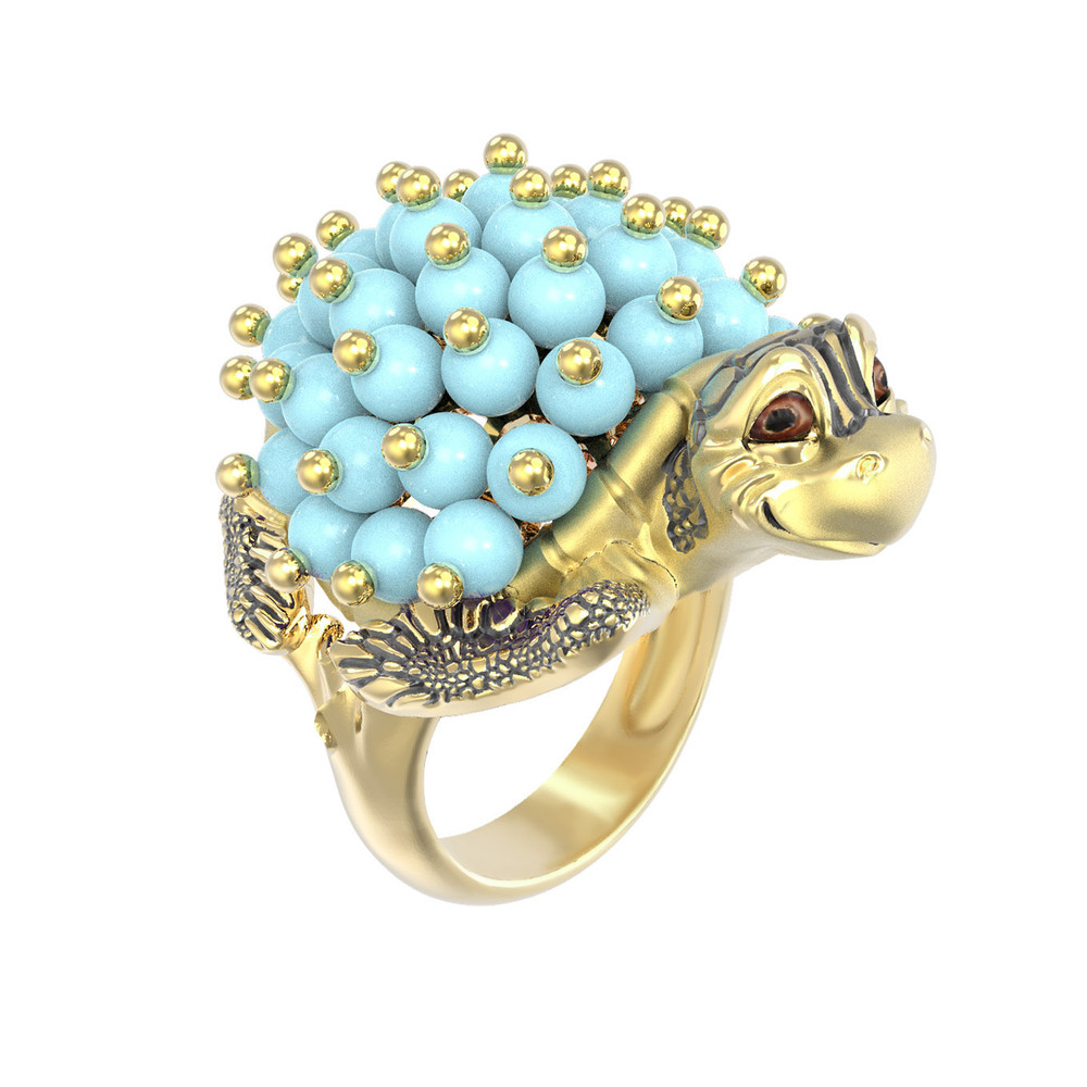 Кольцо из лимонного золота c эмалью и бирюзой