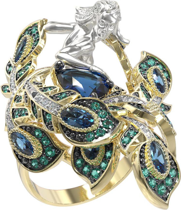 Кольцо из лимонного золота c фианитом и топазом London Blue