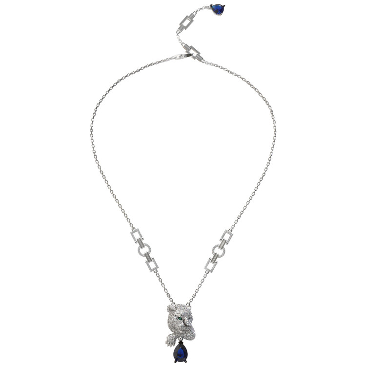 Колье из белого золота c бриллиантами, сапфиром и изумрудом